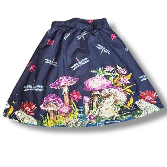 ModCloth Skirt Frogs Mushrooms Dragonflies  Animal Print A-line Size Small Navy - Picture 3 of 12